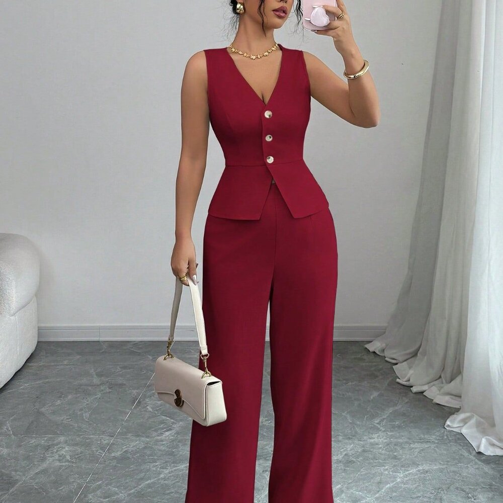 Solid Color Sleeveless Slim Fit Vest High Waist Trousers Two-piece Set